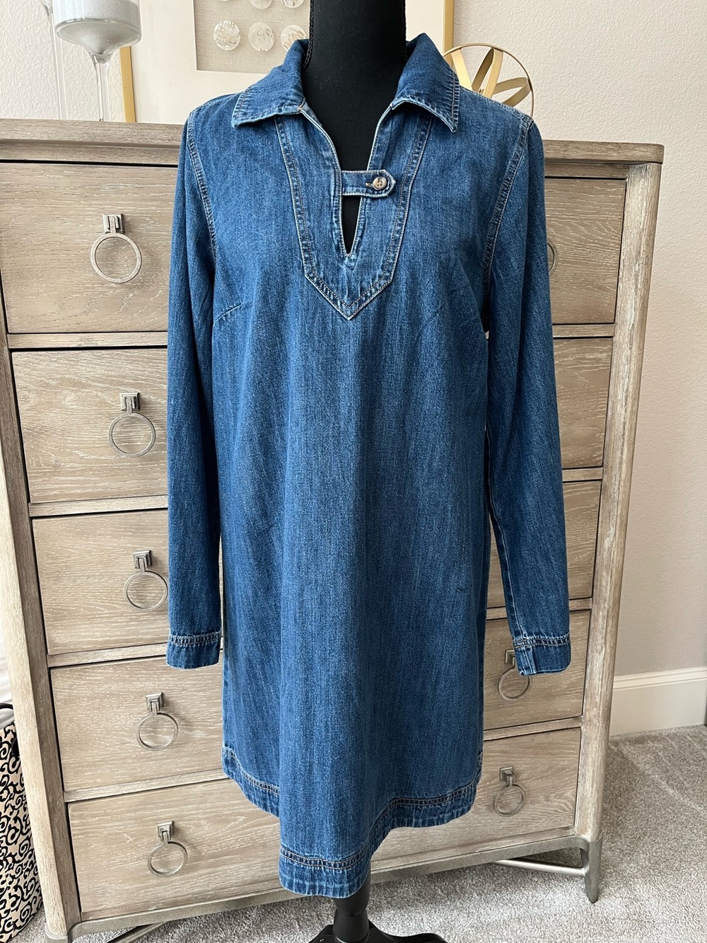 NWT Old Navy Cotton Denim Jean Dress Knee Length Collar VNeck Western Sz Med